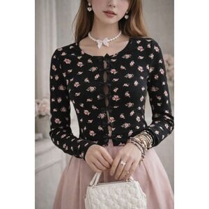 Sugar Moon Womens Long Sleeve Knit Bow Button‎ Cardigan Size S Floral Coquette